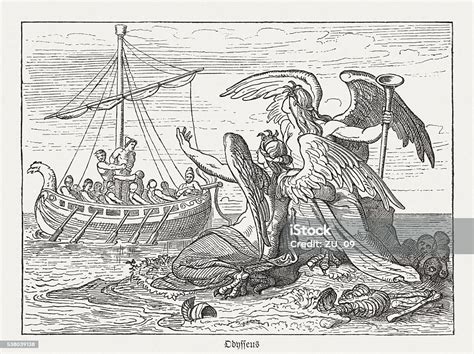 ulysses and sirens greek mythology wood engraving published in 1880