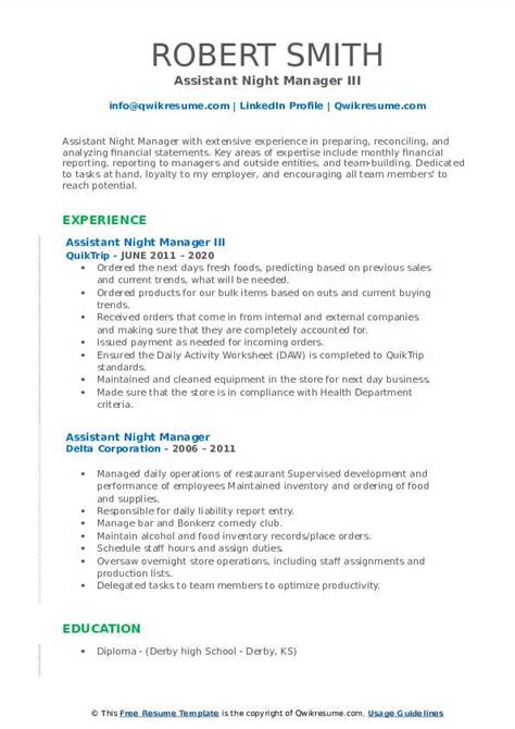 assistant night manager resume samples qwikresume