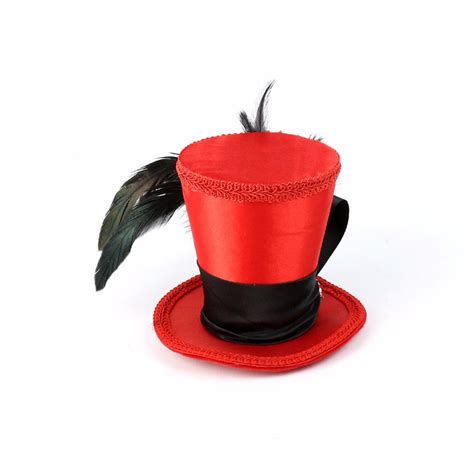 victorian style red mini top hat felt mini hat  black feather