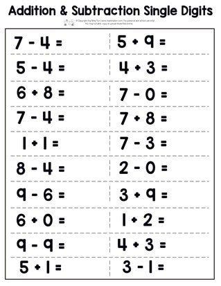 subtraction worksheet  kindergarten single dig addition