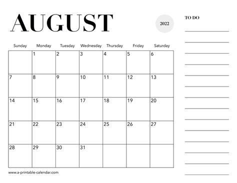 calendar august  printable calendar
