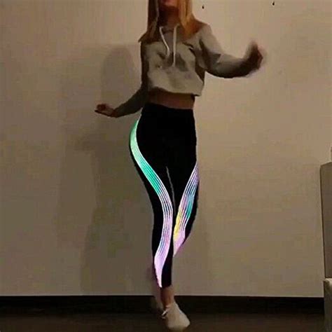 Fashion Women Sports Stripe Leggings Workout Fitness Glow In Dark