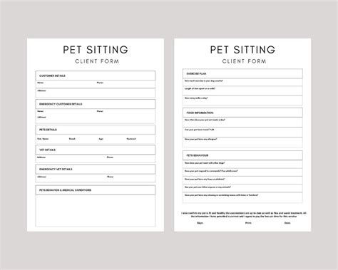 white pet sitting consent forms pet sitter consent form dog etsy