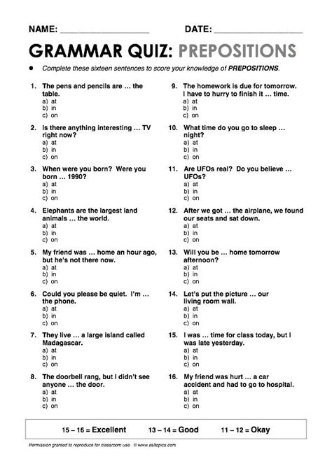 preposition test   grade prepositions worksheets  class