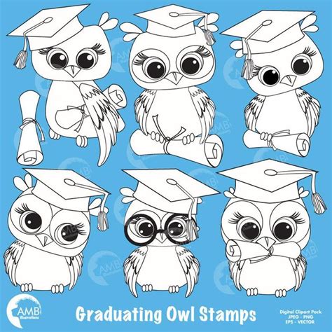 graduation owl clipart owl digital stamps coloring page etsy