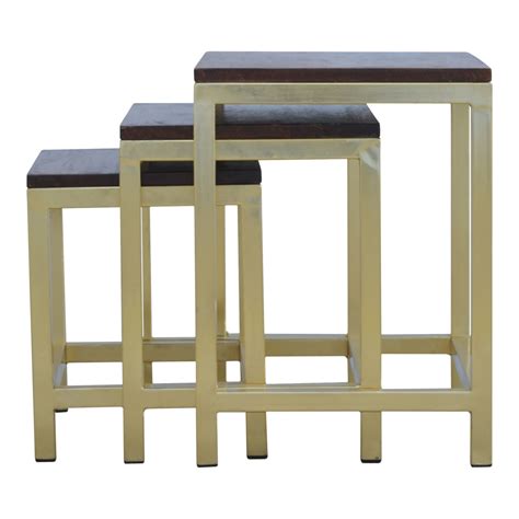 golden stool set    chunky wooden top gold base chestnut