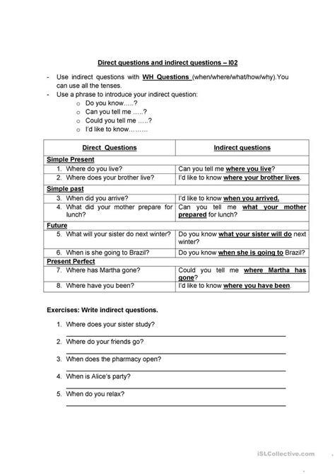 Direct and indirect questions - English ESL Worksheets for