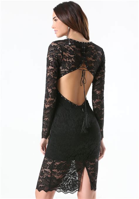 lyst bebe lace open back midi dress in black