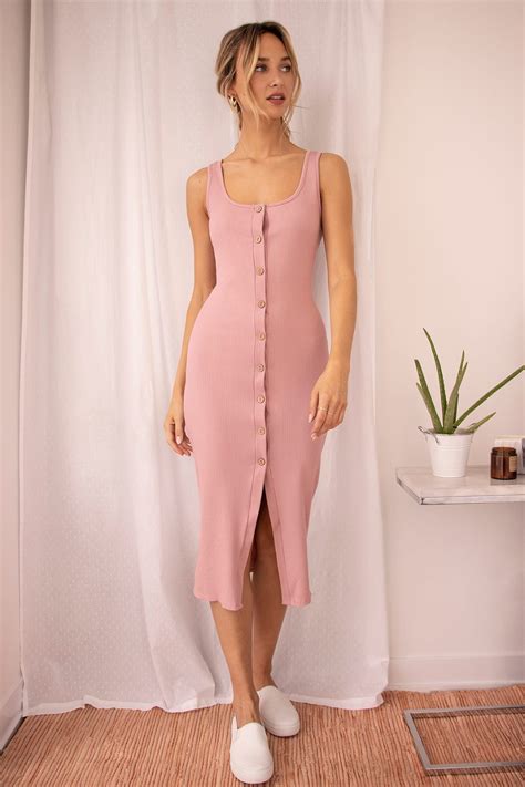 Look Of Leisure Dusty Pink Ribbed Button Front Midi Dress In 2021
