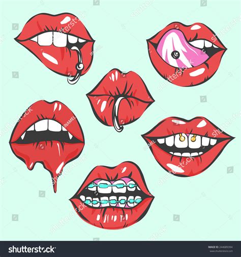 Pop Art Sexy Lips Piercing Vector Stock Vector 244689394