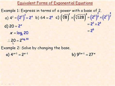 equivalent forms of exponential equations youtube