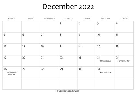 editable calendar december