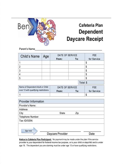 child care receipt template  printable templates
