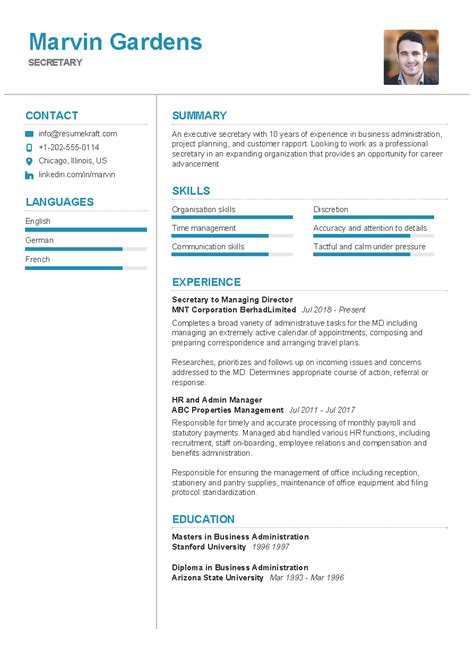 secretary resume sample   resumekraft