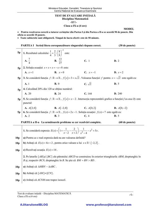 Teste De Matematica Pentru Simularea Evaluarii Nationale 2022 La Clasa