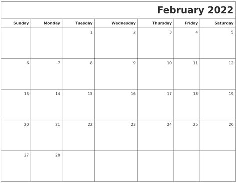 february  printable blank calendar