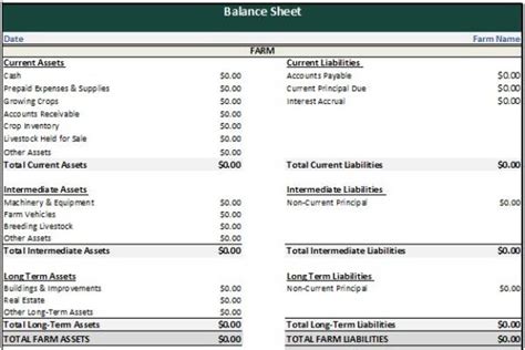 farm balance sheet template farm management  balance sheet