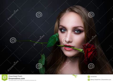 Woman With Red Rose Stock Image Image Of Caucasian