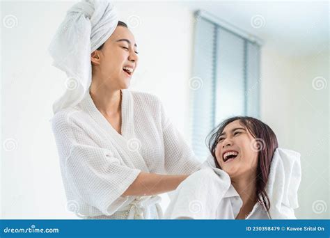 Asian Beautiful Lesbian Couple Spending Morning Leisure Time Together