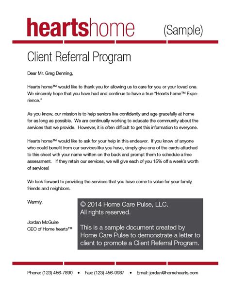 client referral program letter sample template home care pulse