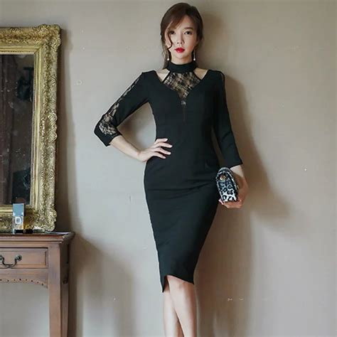 Wholesale Korean Style Fashion Women Dress Black Female O Neck Sexy