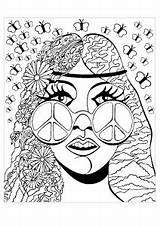 Psychedelic Girl Coloring Pages Adults Adult Peace Butterflies Posters Bands Concert Glasses Justcolor sketch template
