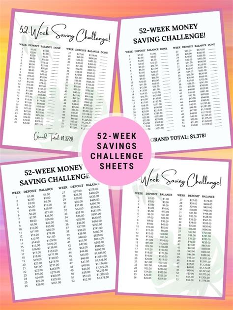 printable  week money challenge sheetsinstant