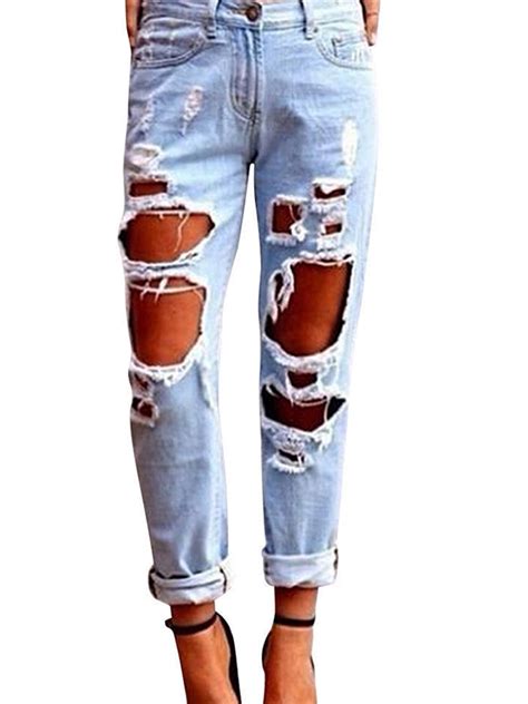Lallc Women S Ripped Destroyed Big Hole Jeans Loose Denim Slim Casual