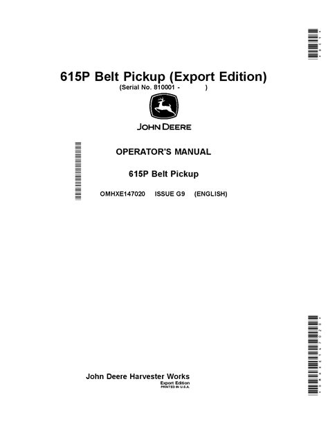 john deere p belt pickup omhxe operators  maintenance manual   service