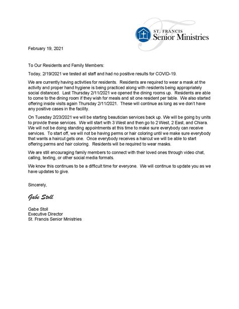 letter  residents  families update page  st francis