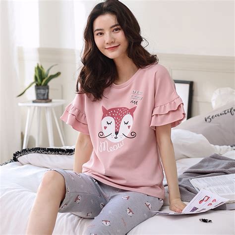 cartoon fox new 2019 cotton pajamas women girls pajama set short sleeve