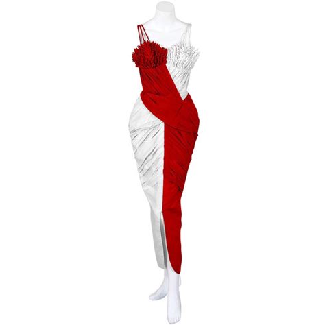 1950 s seductive red and white hourglass shelf bust ruched evening gown