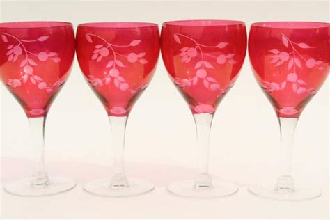 Vintage Ruby Stain Glass Wine Glasses Etched Cut Stemware Red W Clear