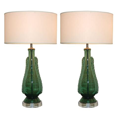 Vintage Murano Glass Table Lamps Green Rigaree Swank