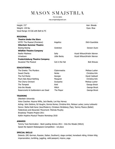professional theatre resume templates  allbusinesstemplatescom