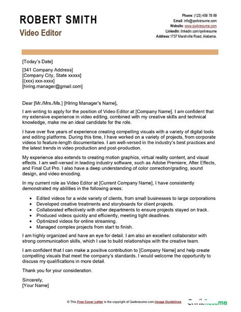 video editor cover letter examples qwikresume