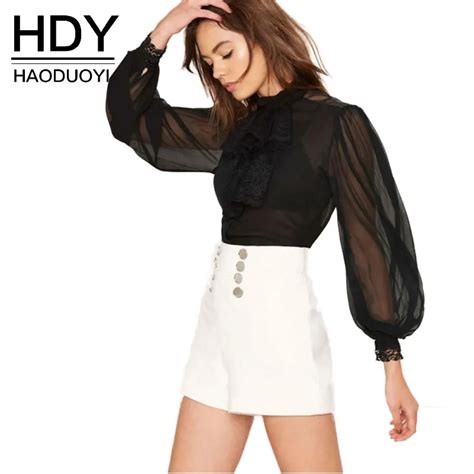 hdy women black sheer blouse shirts lantern sleeve bow tie lace up sexy