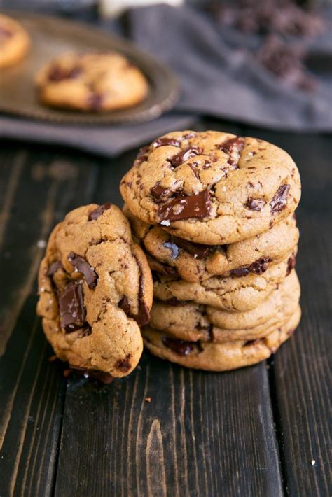 chocolate chip cookies stacked on top of each other