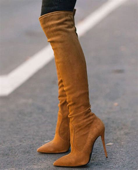 new arrival women booties pointed toe high heel long boots brown