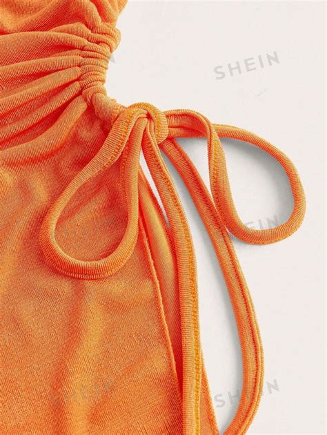 Shein Ezwear Summer Dopamine Orange Folds Drawstring Side Asymmetrical