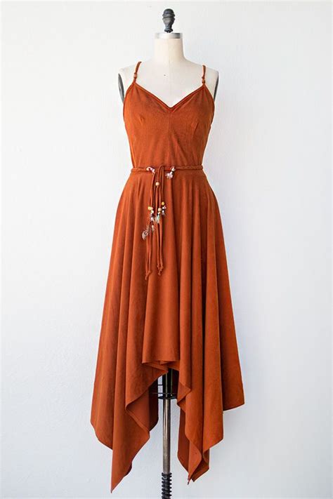 vintage 1970s rust red suede hippie dress with feather belt bogart bacall pinterest