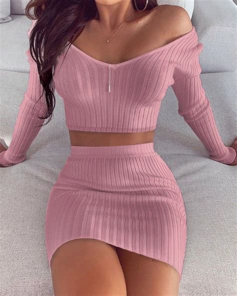 solid ribbed crop top and skirt sets long sleeve bodycon long sleeve