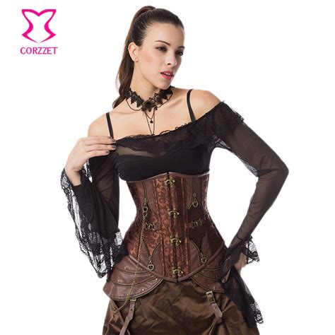 brown steel boned corset underbust gothic steampunk clothing women plus