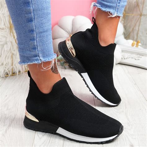 womens ladies sport slip  trainers knit sneakers pull  women shoes