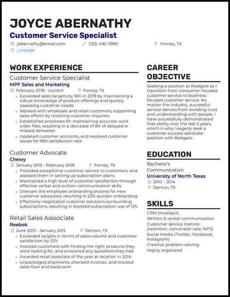 functional resume customer service