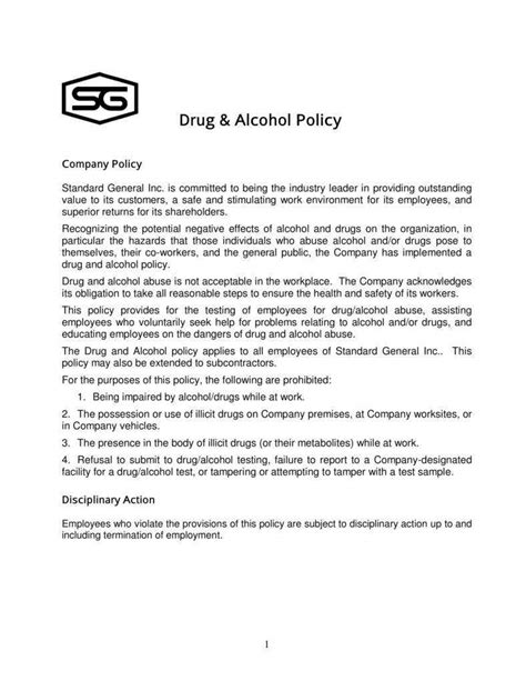 drug alcohol policy templates