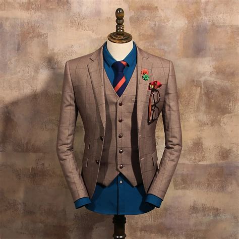 fashion vintage coffee single button men suits mens stripe slim wedding dress suit jacket