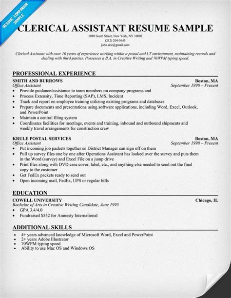 clerical assistant resume  resumecompanioncom misc