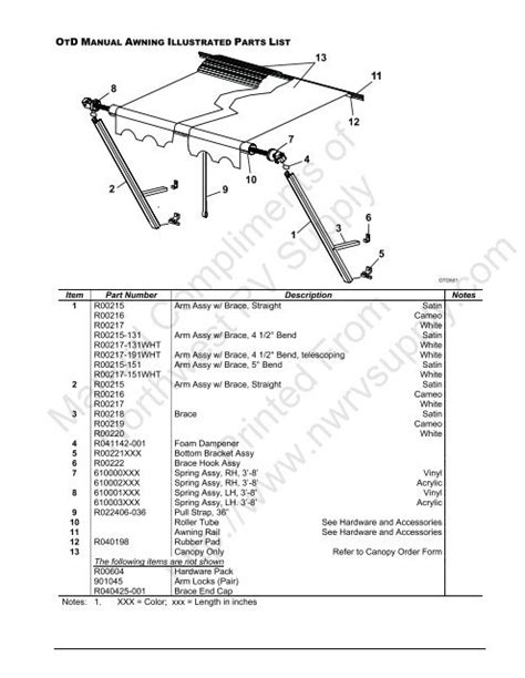otd manual awning illustrated parts list northwest rv supply