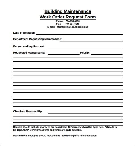 sample maintenance work order forms
